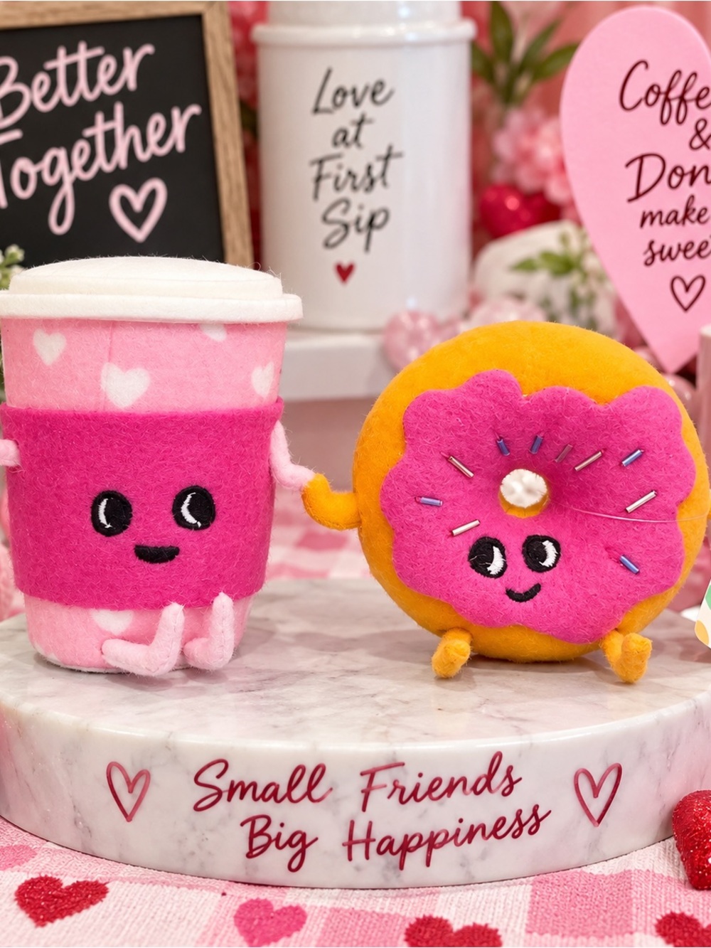 Spritz Coffee & Donut Lovers Cute Duo Plush Decor Pink Hearts Office Decor NWT